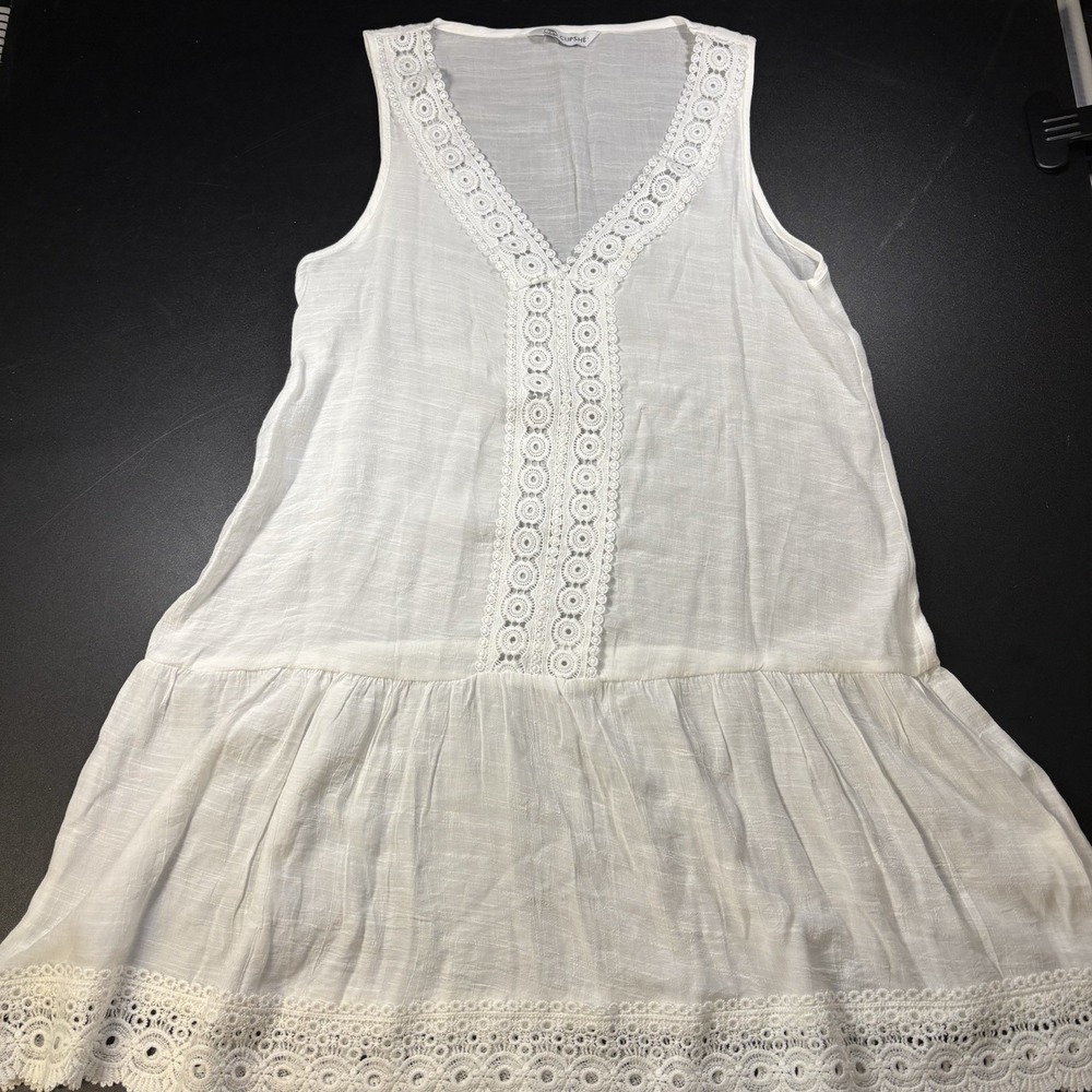 CUPSHE Cover-Up Dress Small V-Neck White Boho Eyelet‎ And Sheer